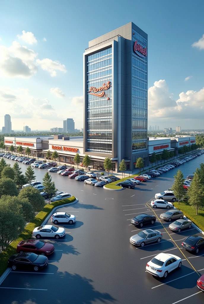 STRIP OF A HUGE SUPERMARKET WITH PARKING LOT IN FRONT WITH SEVERAL PARKED CARS