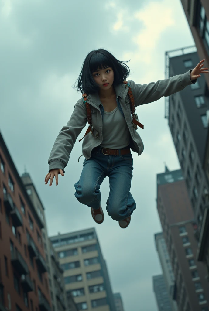 With the 3D Maneuvering Device、Jump from building to building、high school girl、Black Hair、Bobcut、Beautiful Face、Real、Dynamic pose、Cloudy