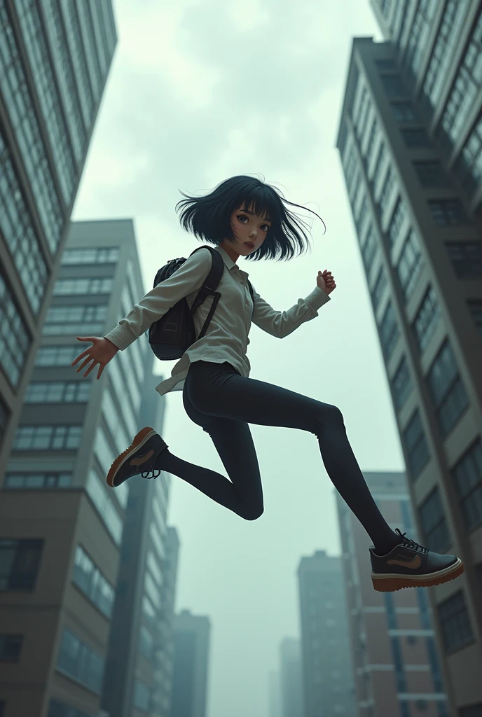 With the 3D Maneuvering Device、Jump from building to building、high school girl、Black Hair、Bobcut、Beautiful Face、Real、Dynamic pose、Cloudy