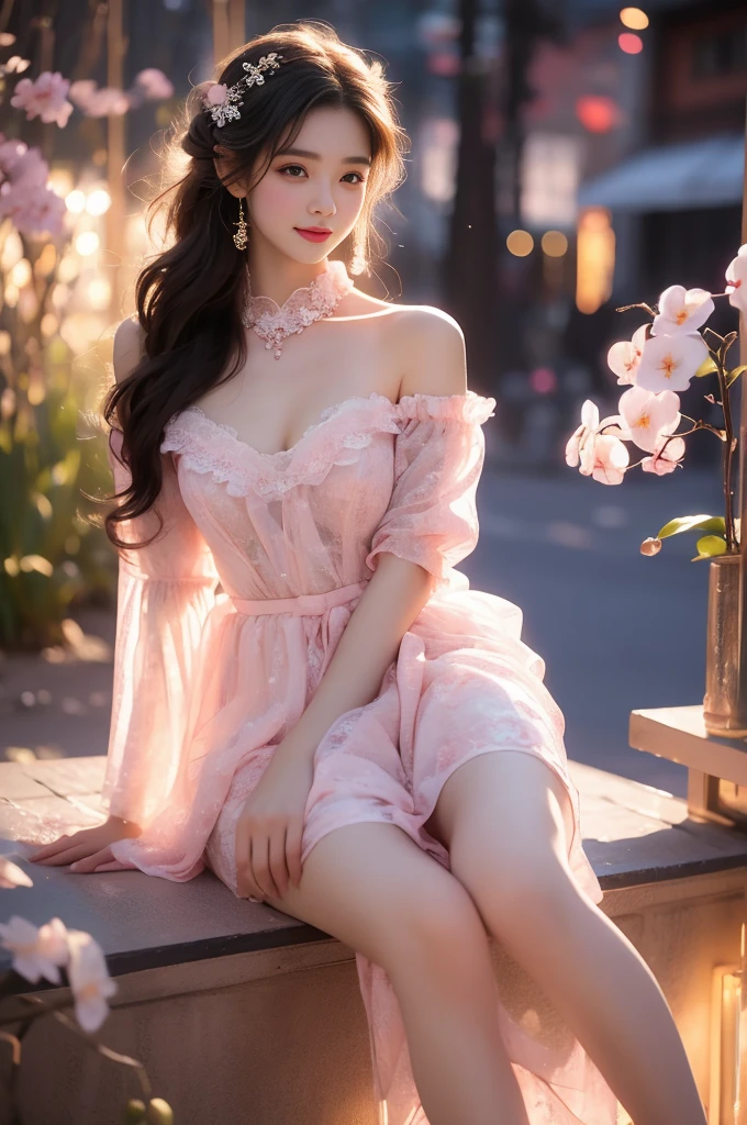 pink dress,pink sleeves（Quality Improvement：1.4），1 Girl, Full breasts，Visible cleavage，Sexy long legs，The skirt is very short，She gently lifted her skirt with one hand,Surrounded by white Phalaenopsis orchids，Lilac dendrobium、White Lily, Flying petals，（Top quality leather), Delicate face,Black Hair, Gradient hair, Body,（Body1.1）, He has a precious gem on his forehead.., outstanding student，Long eyelashes,Smile, Surrealism, Movie Lighting, Projection Insert, Surrealism, Ultra HD, masterpiece，lie，Keep dreaming，Open your legs slightly.，Tattoo，Fantasy Space，Luxurious space，Exquisite makeup，blush，Shy expression