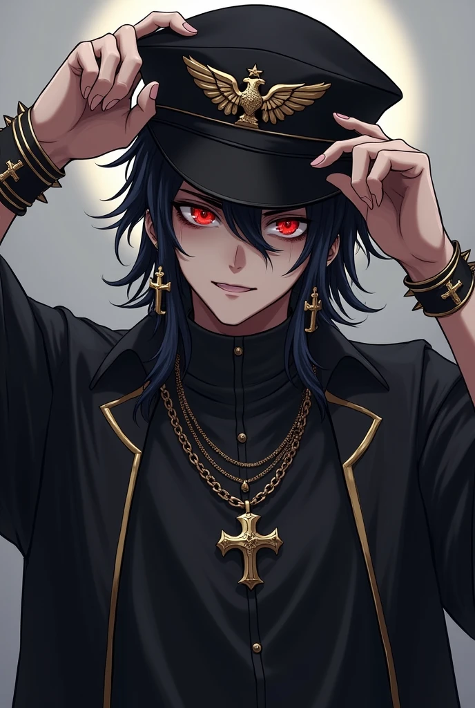 Male character black hair black shirt with a cross-shaped chain cross-shaped earrings on his ears black sailor hat that has an eagle on the front Omega red eyes with spiked bracelets that is holding the hat while it is on his head poses