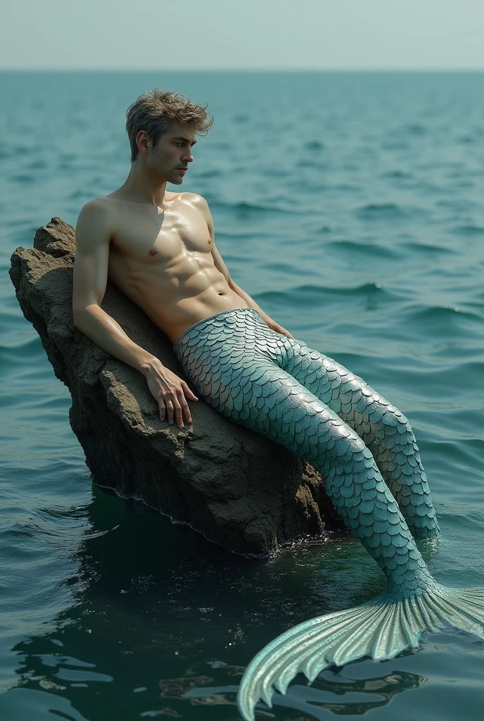 man, delicate face, mermaid body, anatomically correct, lying on a rock in the sea.