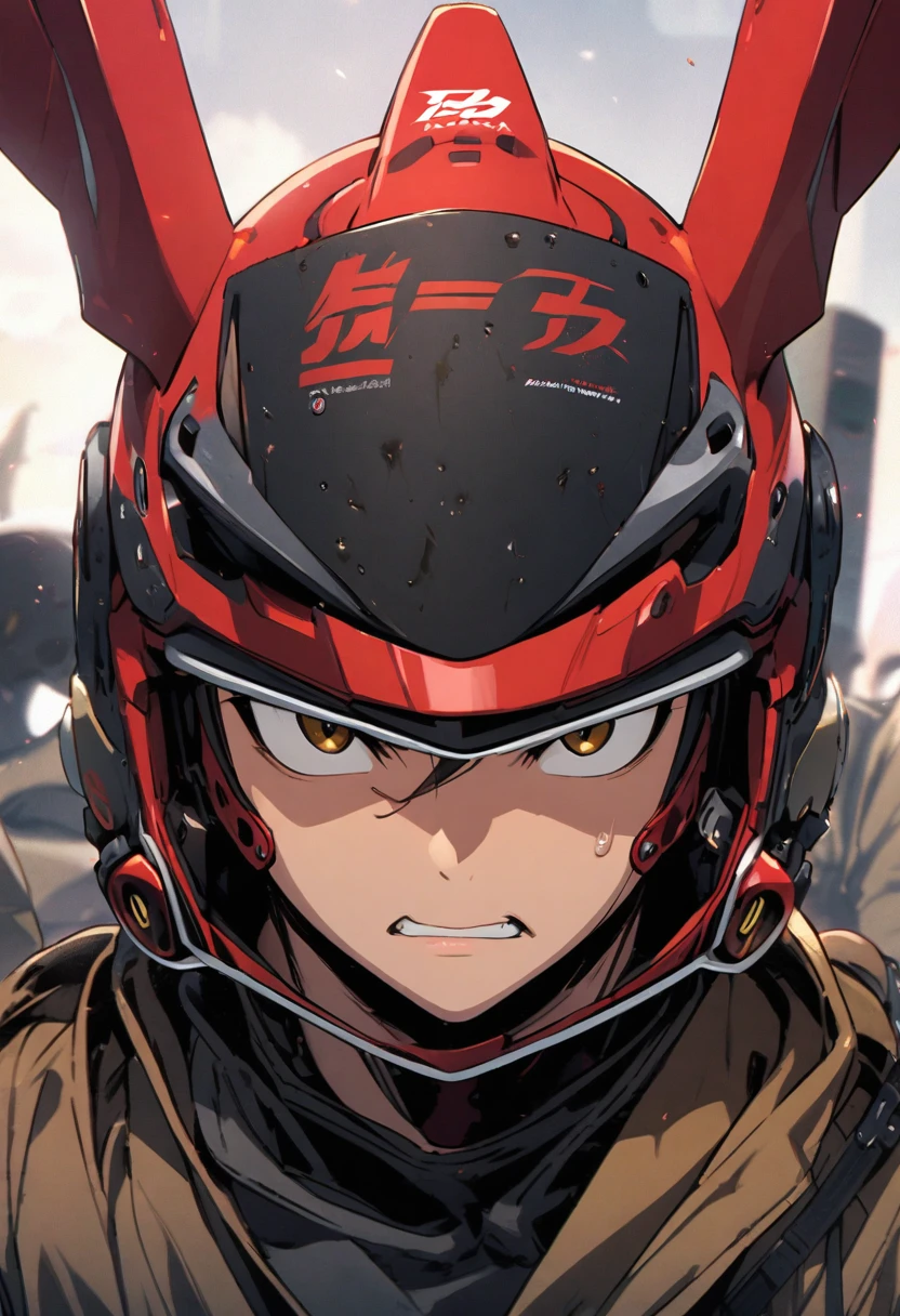 Frontal close-up of Honda Tadakatsu&#39;s face。His face is directly facing the camera、Staring at me with an intense gaze。He was wearing elaborate armor.、He wears a golden helmet shaped like deer antlers.。In the background, a battlefield and a Japanese castle are vaguely depicted.、His dignity and strength are emphasized.。