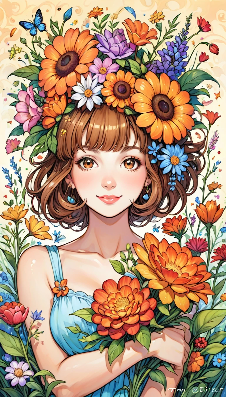 A woman with flowers on her head is an acrylic painting.., Lucy Grenning Style, Tony DiTerlizzi, Organic and natural composition, Floral Explosion, Ferris Pick, Light orange and brown, Calm face --ar 3:4 -