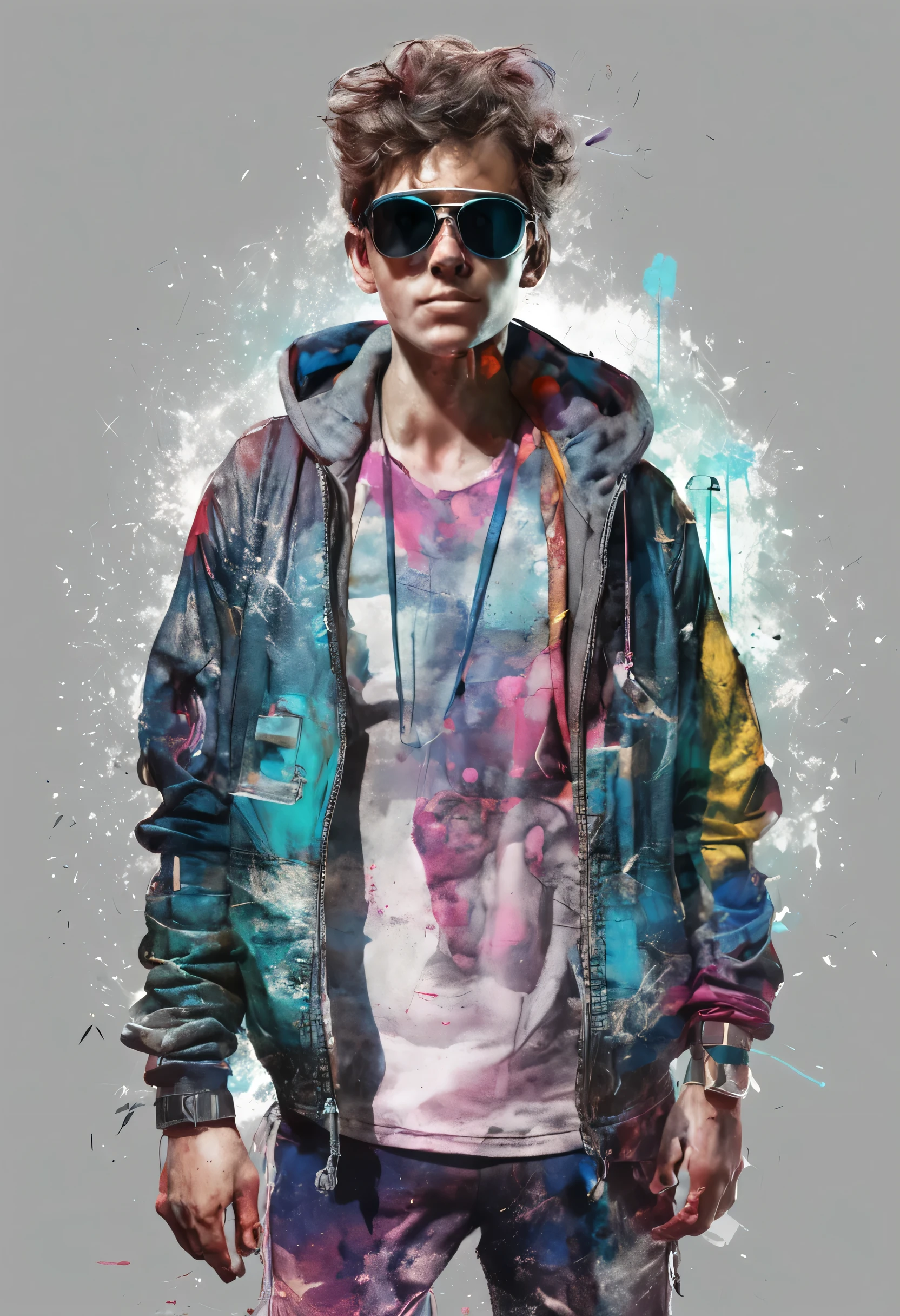 Perfect centering, A cute calf, Wear a student team jacket, Wearing sunglasses, Wearing headphones, cheerfulness, Standing position, Abstract beauty, Centered, Looking at the camera, Facing the camera, nearing perfection, Dynamic, Highly detailed, smooth, Sharp focus, 8K, high definition resolution, illustration, Art by Carne Griffiths and Wadim Kashin, White background