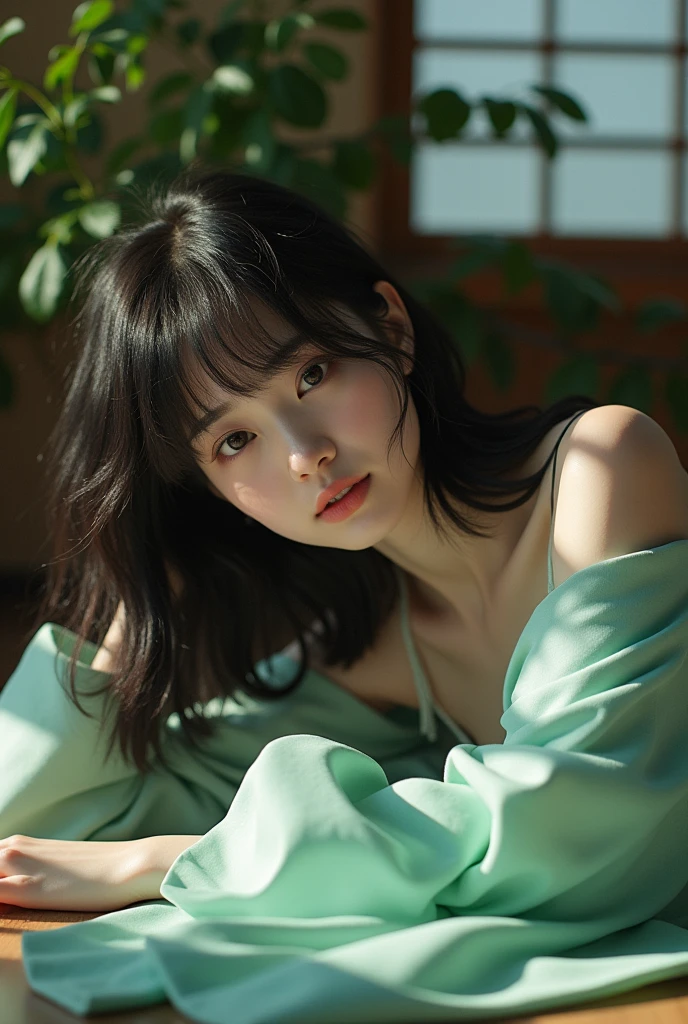 Best quality, masterpiece, ultra high res, (photorealistic:1.4), raw photo, 1girl, cinematic lighting, ((single bare shoulder)), ((mint kimono)), messy hair, ponytail, bangs, white skin, long sleeves, lip bite, lying down, garden, flower, Japanese traditional house interior