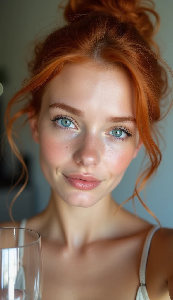 raw photo in UHD RAW format, (taking selfies), (straight half of the torso: 1,0). A 20 year old girl with a bun, natural red hair and blue eyes, parted lips. [ glass in hand] [ hyper-realistic texture ], [ hyper-realistic skin texture ], good lighting. fine-details, olhos e rosto extremamente symmetrical, extremely detailed, symmetrical, sharp piercing eyes.
