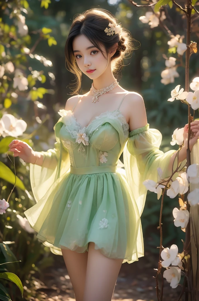 green dress,green sleeves(Quality Improvement:1.4),1 Girl, Full breasts,Visible cleavage,Sexy long legs,The skirt is very short,She gently lifted her skirt with one hand,Surrounded by white Phalaenopsis orchids,Lilac dendrobium、White Lily, Flying petals,(Top quality leather), Delicate face,Black Hair, Gradient hair, Body,(Body1.1), He has a precious gem on his forehead.., outstanding student,Long eyelashes,Smile, Surrealism, Movie Lighting, Projection Insert, Surrealism, Ultra HD, masterpiece,lie,Keep dreaming,Open your legs slightly.,Tattoo,Fantasy Space,Luxurious space,Exquisite makeup,blush,Shy expression