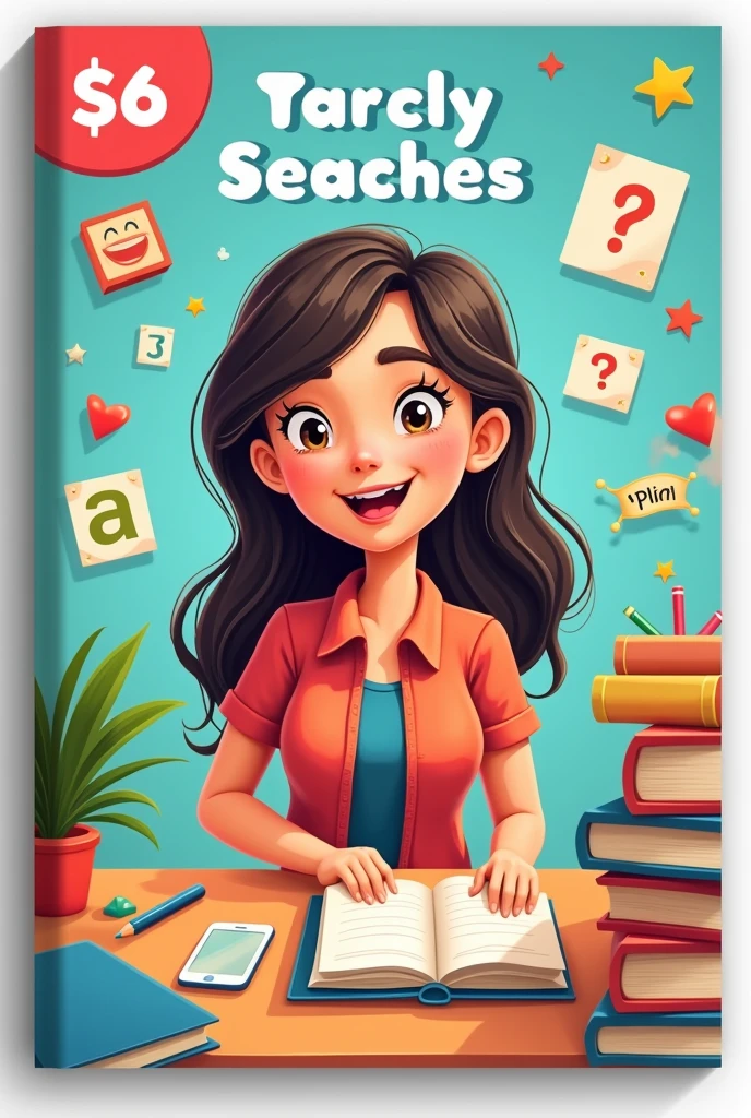 Create an interactive English teacher cover for kids. Indicate the price per hour $6 and the name Mayerly Palma 