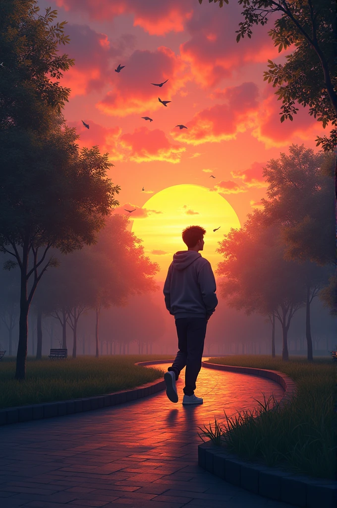 Teenager man walking in a park with a nice sunset 