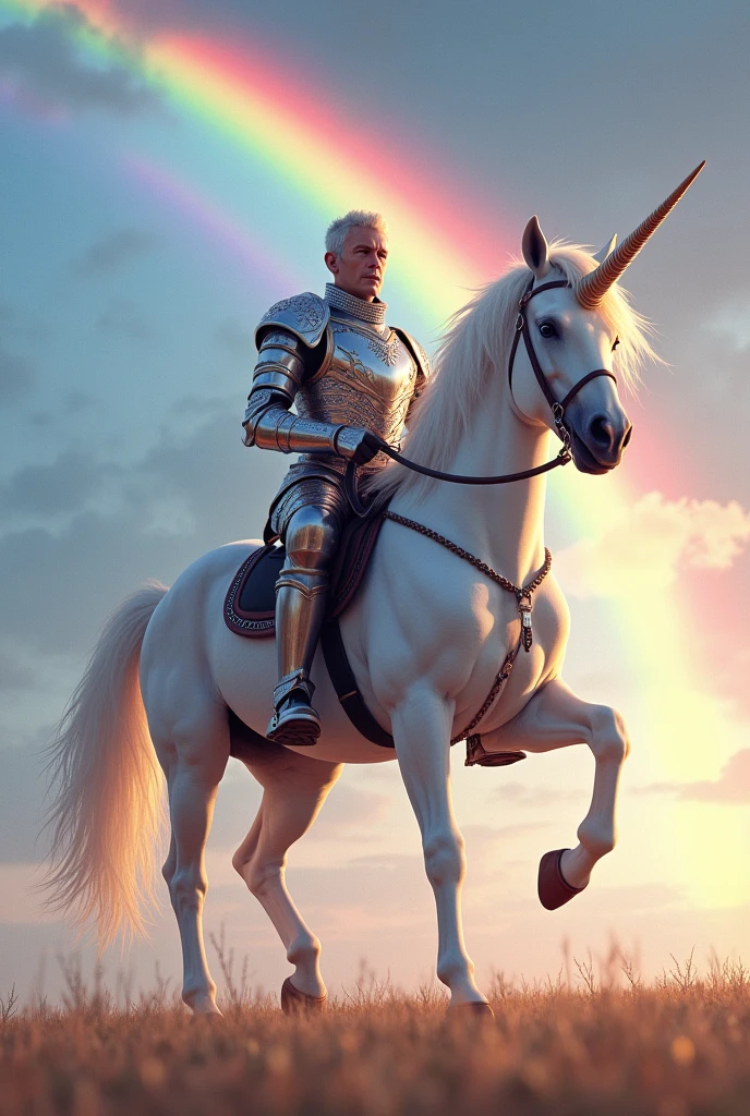 Soldier riding a unicorn with a rainbow behind him