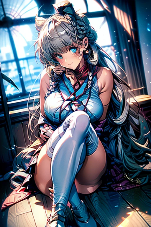 (small :1.2), (perky chest:1.2), (pointed chest:1.2), (Pudding cake magazine cover:1.3),(from above:1.0),(shoot from the side:1.1),masterpiece, 1girl, Amazing Cleavaghin waist, optimum,tmasterpiece,hight resolution,best qualtiy,hyper HD,super detailing,awardwinning,a 18yo cute girl,(The upper part of the body),anatomy correct,Beautiful Black miniskirt,garters,Gaze,Small face,bangss,holster,Beautuful Women,hands up,leg holster,Gaze,black boots,Cowboy Shot,cute face,a blond,Longhaire,Twin-tailed,Braids, Hairline,(scarlet eyes),long eyelasher,Hanging eye corners,White skin of the, ((see through camisole:1.1)), ((Sheer nipples:1.0)),Rits,(Slim body),smileuctive weak smiling,(with sparkling eyes and a contagious smile),little open mouth, Looking at Viewer,
