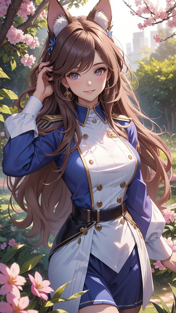 (best quality,4k,8k,highres,masterpiece:1.2),ultra-detailed,(realistic,photorealistic,photo-realistic:1.37),acrylic painting,beautiful Brazilian model in a uniform outfit with downy hair,beautiful Brazilian model with extremely colorful brown hair and detailed facial features,beautiful Brazilian model standing in a beautiful garden sakura flowers, long hair,cat ears, hair bows, uniform blue and pink outfits, smile, happy face,light  brown  hair,butterflies, brown eyes,  mature woman, older woman, 30 year old, adult woman. Older lady