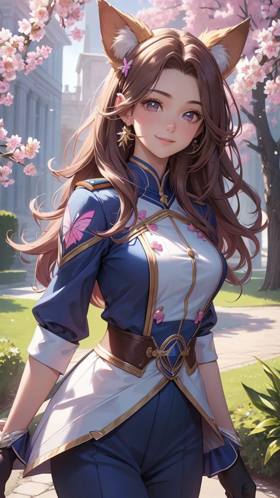 (best quality,4k,8k,highres,masterpiece:1.2),ultra-detailed,(realistic,photorealistic,photo-realistic:1.37),acrylic painting,beautiful Brazilian model in a uniform outfit with downy hair,beautiful Brazilian model with extremely colorful brown hair and detailed facial features,beautiful Brazilian model standing in a beautiful garden sakura flowers, long hair,cat ears, hair bows, uniform blue and pink outfits, smile, happy face,light brown hair,butterflies, brown eyes, mature woman, older woman, 30 year old, adult woman. Older lady