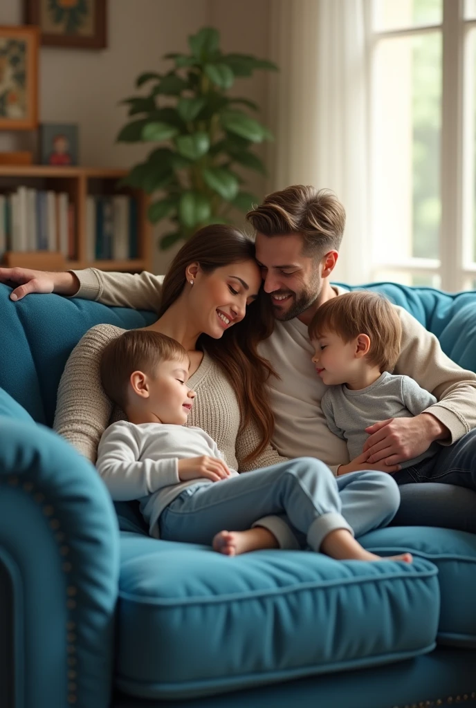 Family sitting on a blue furniture that looks real not cartoon