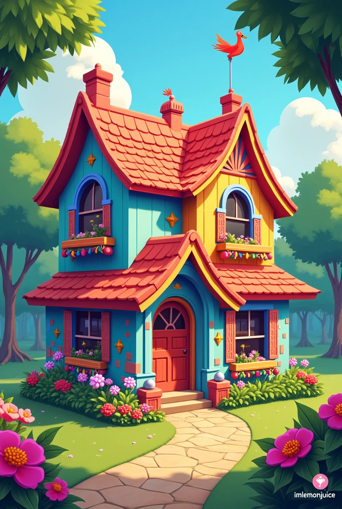 2d art of a colorful party house with the text IMLEMONJUICE on the near bottom