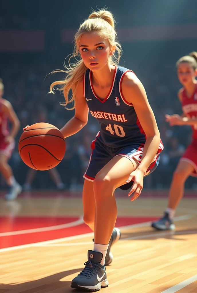 French、Blonde((ponytail))、Blue Eyes、White skin、basketball、During the game、