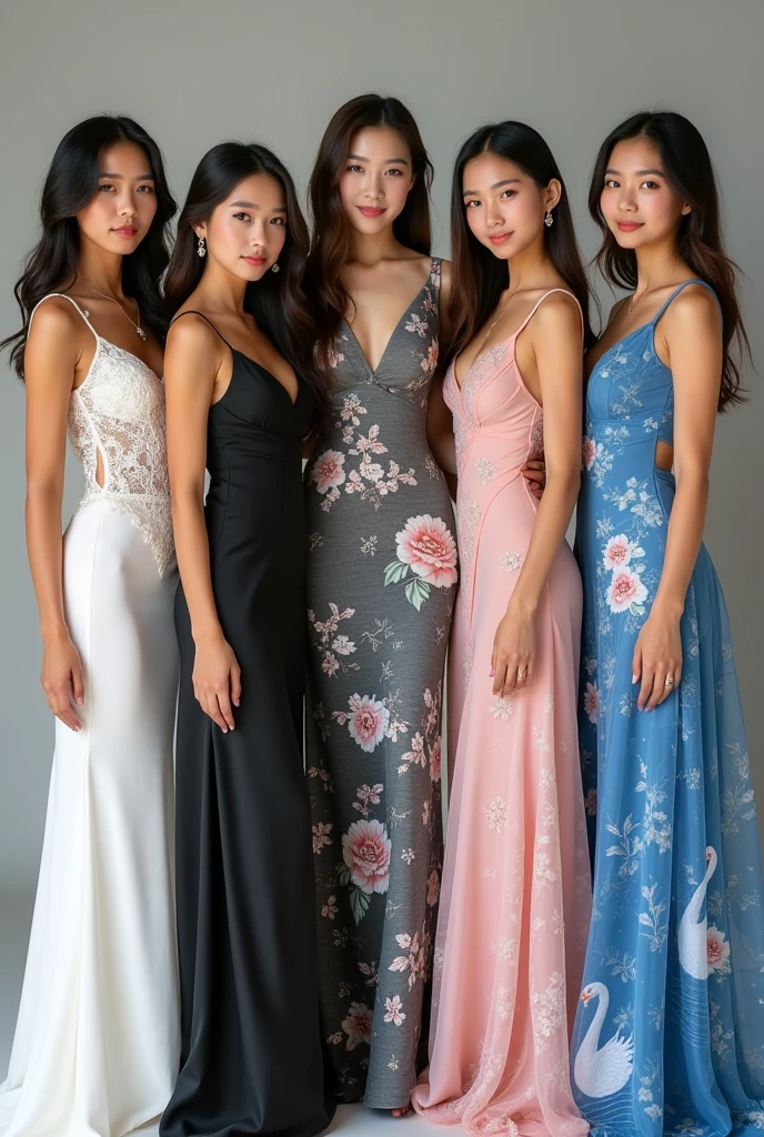 Five beautiful young women: the first one is Thai, wearing a white lace dress; the second one is Laotian, wearing a black Thai-patterned dress; the third one is Japanese, wearing a gray cloud-patterned dress; the fourth one is South Korean, wearing a pink swan-patterned dress; the fifth one is Taiwanese, wearing a blue sea-patterned dress; they stand and pose for a photo, beautifully.