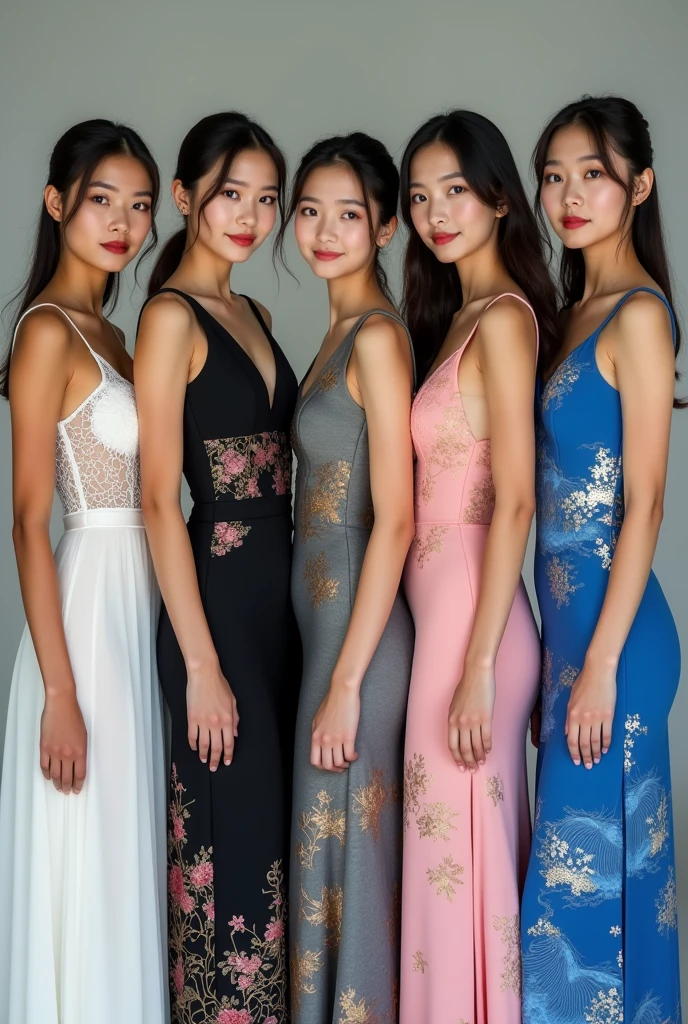 Five beautiful young women: the first one is Thai, wearing a white lace dress; the second one is Laotian, wearing a black Thai-patterned dress; the third one is Japanese, wearing a gray cloud-patterned dress; the fourth one is South Korean, wearing a pink swan-patterned dress; the fifth one is Taiwanese, wearing a blue sea-patterned dress; they stand and pose for a photo, beautifully.  