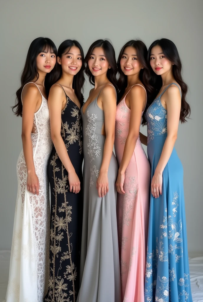 Five beautiful young women: the first one is Thai, wearing a white lace dress; the second one is Laotian, wearing a black Thai-patterned dress; the third one is Japanese, wearing a gray cloud-patterned dress; the fourth one is South Korean, wearing a pink swan-patterned dress; the fifth one is Taiwanese, wearing a blue sea-patterned dress; they stand and pose for a photo, beautifully.