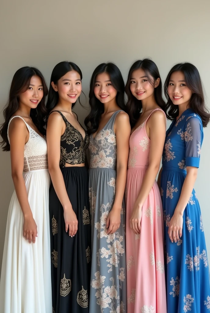 Five beautiful young women: the first one is Thai, wearing a white lace dress; the second one is Laotian, wearing a black Thai-patterned dress; the third one is Japanese, wearing a gray cloud-patterned dress; the fourth one is South Korean, wearing a pink swan-patterned dress; the fifth one is Taiwanese, wearing a blue sea-patterned dress; they stand and pose for a photo, beautifully.  