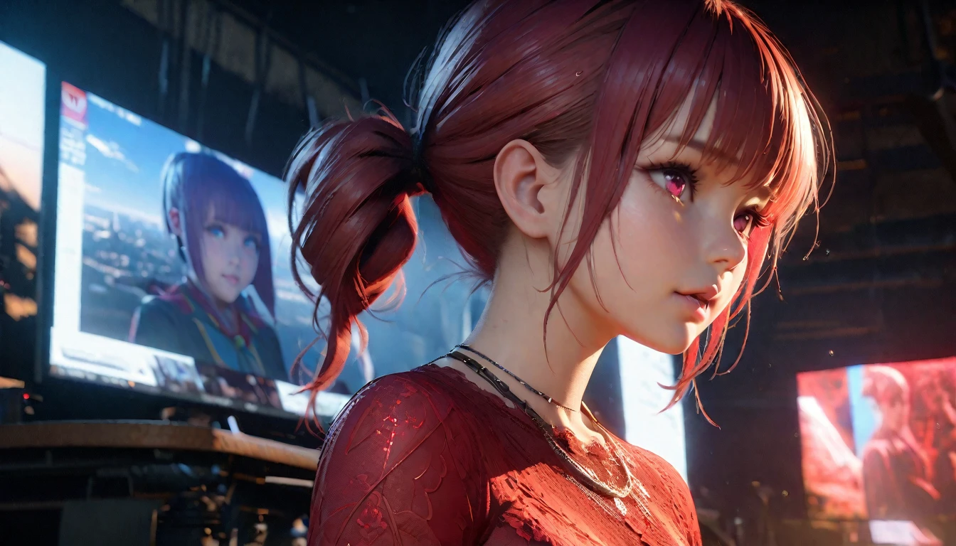 masterpiece,Game Art,Best picture quality,Maximum resolution,8k,(Upper Body),Unreal Engine 5 rendering works,Ray Tracing,RAW photos,(((Half of the face is mechanical))), (((Tosca Hair Color))), ((Long double ponytail hairstyle)), Enjoy the scenery, Focus on the Horizon, (((Perfect eyes))), (((sneer))), 2 girl, Perfect body, (((Perfect anatomical structure))), Tosca Eye Color, Double eyelids, (((Small breasts))), Very detailed skin texture, (Realistic skin), Ultra-fine face, Delicate lips, (((Delicate eyes))), (((Double eyelids))), necklace, Moist skin, Wet hair, Simple background, (Front focus), (On the peaks:1.2), (((Night Atmosphere))), Deep Dark, Surrealist Portraits of Women by David Hockney and Alphonse Mucha, Fantasy Art, (((Photo-realistic))), ((Dynamic poses)), (((World Model Poses))), Dynamic Lighting, Art Station, poster, Volumetric Lighting, Very detailed faces, 4K, in the darkness, (((Night Atmosphere))), ((Deep Shadows)), Low profile, Cowboy shooting, (((Red long skirt))), Lighting Dress, (((Erotic lace dress))), (((Red stockings))),((3D Unreal Engine)),OC rendering reflection mode
