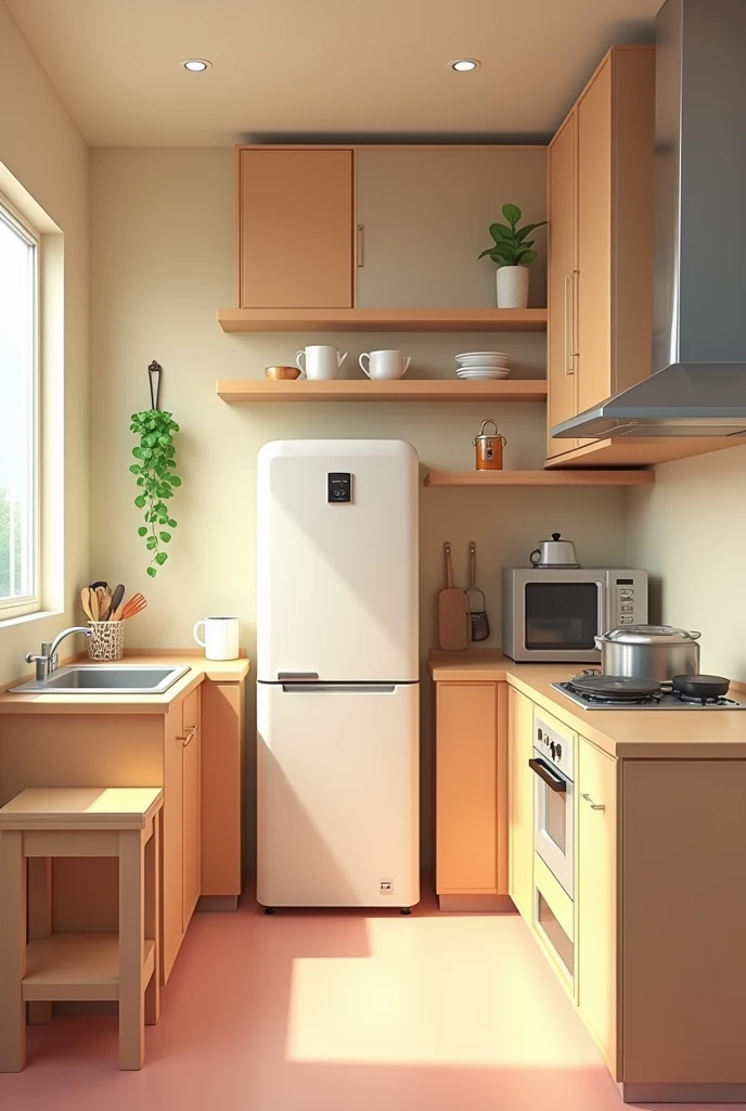 crear una imagen de una kitchen pequeña, that has a freezer, kitchen, meson, pans, wash dishes and furniture, Let there be no people
