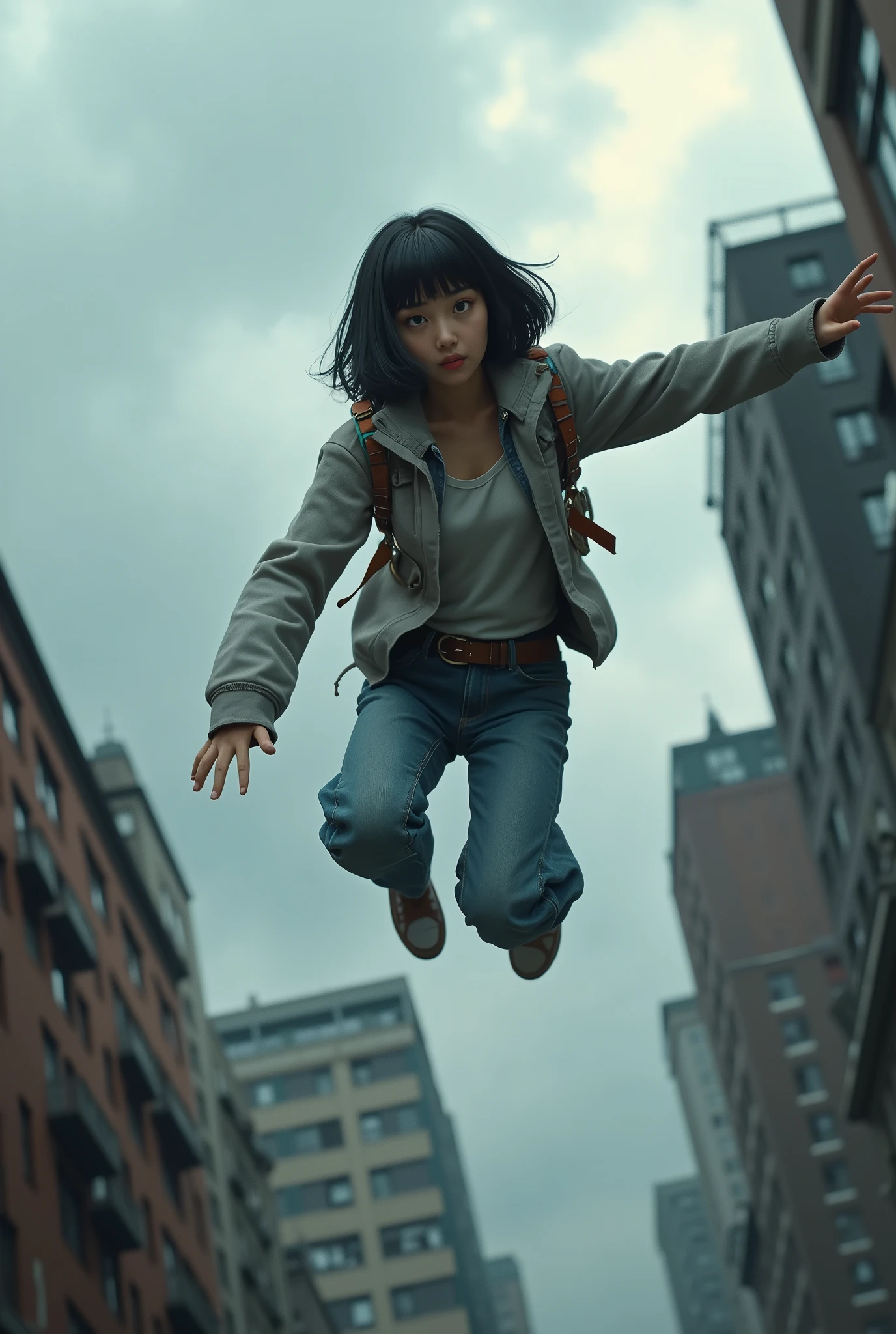 With the 3D Maneuvering Device、Jump from building to building、high school girl、Black Hair、Bobcut、Beautiful Face、Real、Dynamic pose、Cloudy