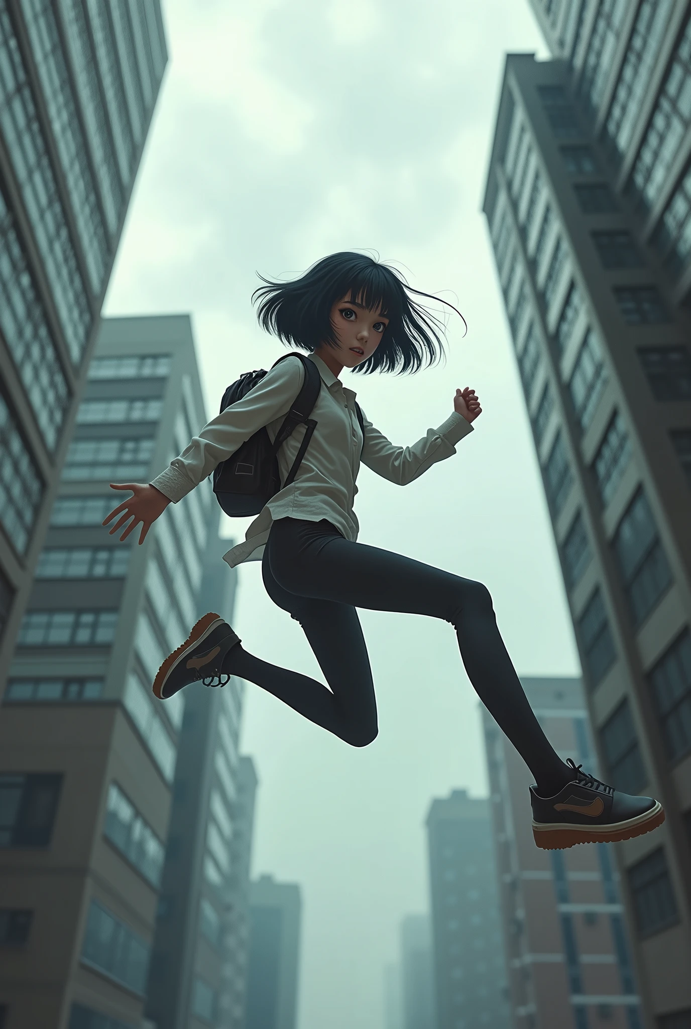 With the 3D Maneuvering Device、Jump from building to building、high school girl、Black Hair、Bobcut、Beautiful Face、Real、Dynamic pose、Cloudy