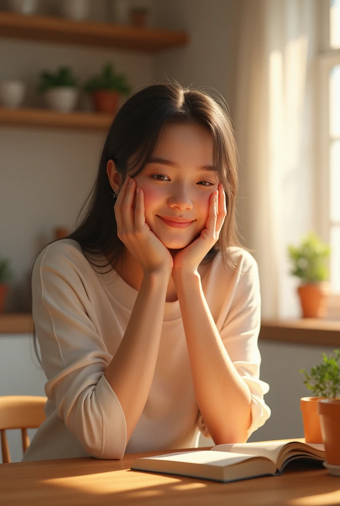 a person smiling and feeling calm while doing everyday tasks