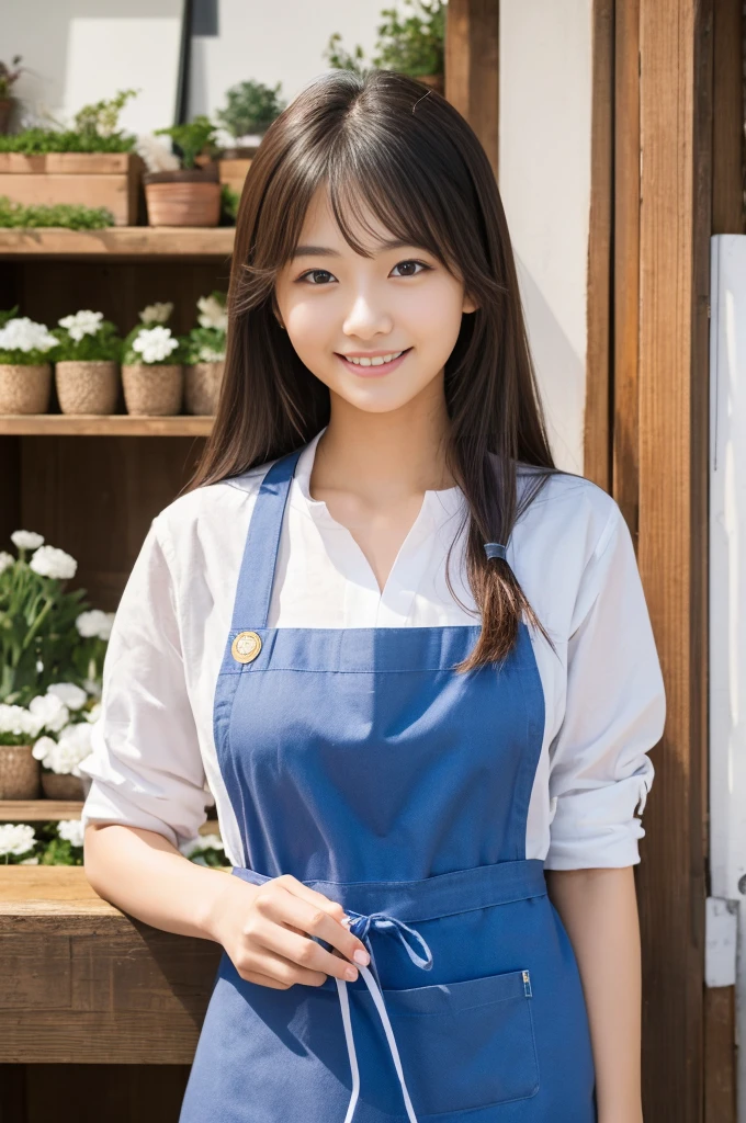 front、Highest quality, Ultra-high resolution, (Realistic), RAW Photos,(Depth of written boundary:1.5), (Upper body photo)、A neat and clean Japanese woman、beautiful girl、20-year-old、smile、Natural Skin、Long Hair、A florist clerk wearing a blue apron and squatting