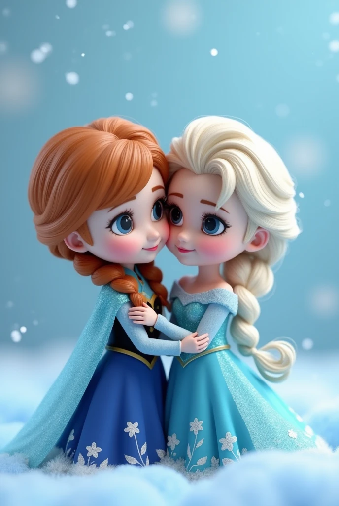 Ana and Elsa from Frozen hugging each other but in small sizes and the figure is small in the lower right part with a light blue background