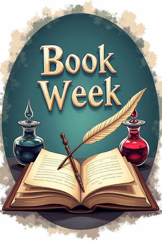 Image of the book week that is an open book with a pen writing on it and the two jars of ink in front that the image has a fictional style like Harry Potter and that has the text in Spanish "Book Week" with cool letters glued to the book and that everything I ask for fits in a single circle