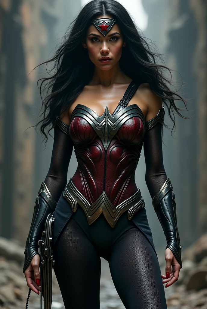 (((Simbionte Spiderman))),(((A beautiful woman with long black hair under the mantle of the Amazon warrior Wonder Woman (((Black metal headband with a red star on the front))),(((corset negro))),(((Long black boots up to her knees))),(((With Symbiote skin running all over his skin))) Black metal bracelets))),(((Simbionte Spiderman)))