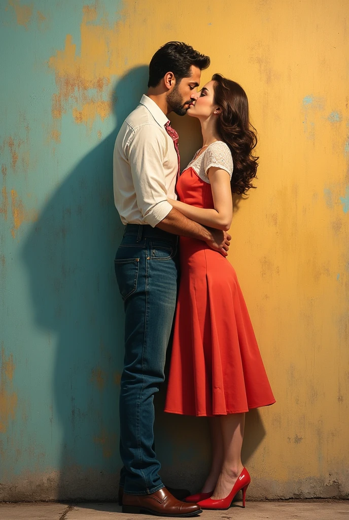 A painting on a wall with a painting of a couple embracing in the 50s style