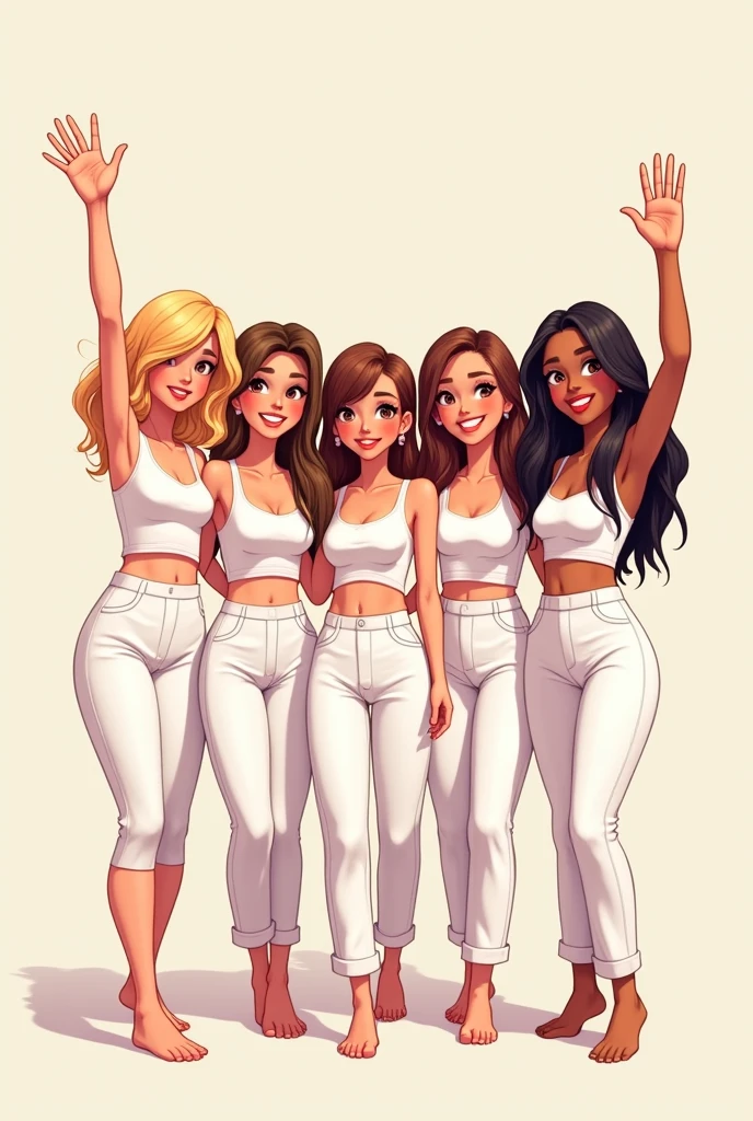 Make me a 2D drawing of five women in their 20s waving, the first one with shoulder length blonde hair with dark brown eyes, the second long wavy brown hair and dark brown eyes, the third shoulder length wavy brown hair with light brown eyes, The fourth one is shorter than the previous ones with light brown eyes and a little bigger., long brown straight hair; the last one with wavy black hair, Dark brown eyes and white skin all dressed in white