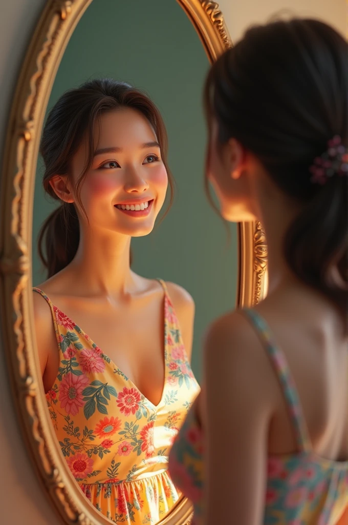 Happy woman looking at herself in the mirror, while wearing a floral dress