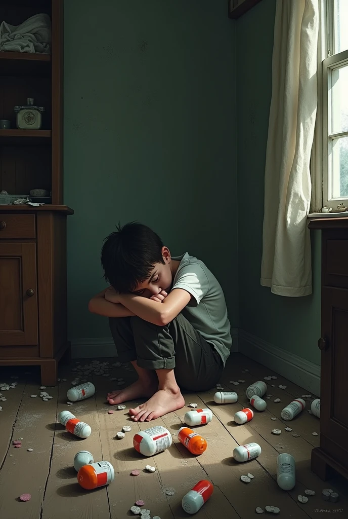 A young boy who is a victim of domestic abuse, sitting in his home. The floor is littered with pill bottles and alcohol bottles, creating a heavy and dark atmosphere.