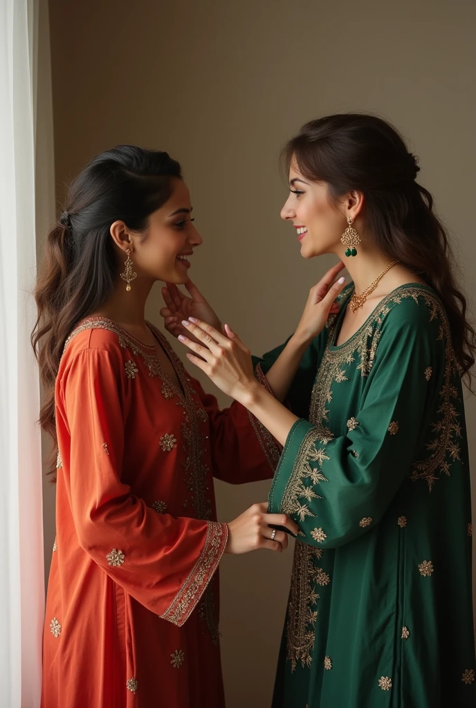 One girl hitting a blow to other girl on her breast nipple, They both wear shalwar qameez, quarrel with each other 