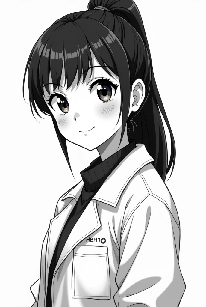 A brunette girl with straight hair all tied up, Latin features without bangs, a little chubby, not much and with a lab coat smiling and in black and white asking a question. Anime version 
