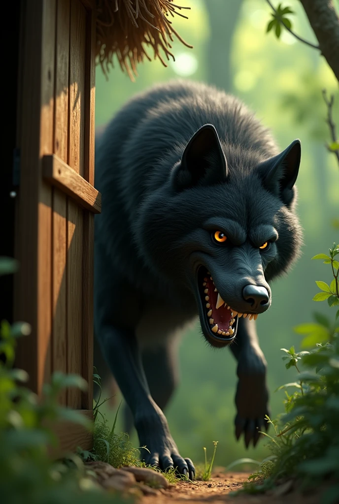 pixar style, cinematic, sideview of a 3D extremely angry black furry wolf, with realistic black fur, 3D illustration, screaming with anger, looking at the wooden door of a straw house, (1male wolf:1.2), (sinister and angry expression:1.5), dangerously angry, dark behaviour, lean build, (disproportionate body long nose and mouth), (realistic fur texture), (jungle background:1.4), sunlight filtering through the trees, (soft lighting:1.3), (green and earthy color scheme:1.3), (highly detailed), (ultra quality:1.3), (masterpiece), (digital art), 8K resolution, HDR, depth of field, (soft shadows), (photorealistic:1.3), (animation:1.2), (by Greg Rutkowski:0.9), (in the style of Alphonse Mucha), trending on ArtStation, award-winning art