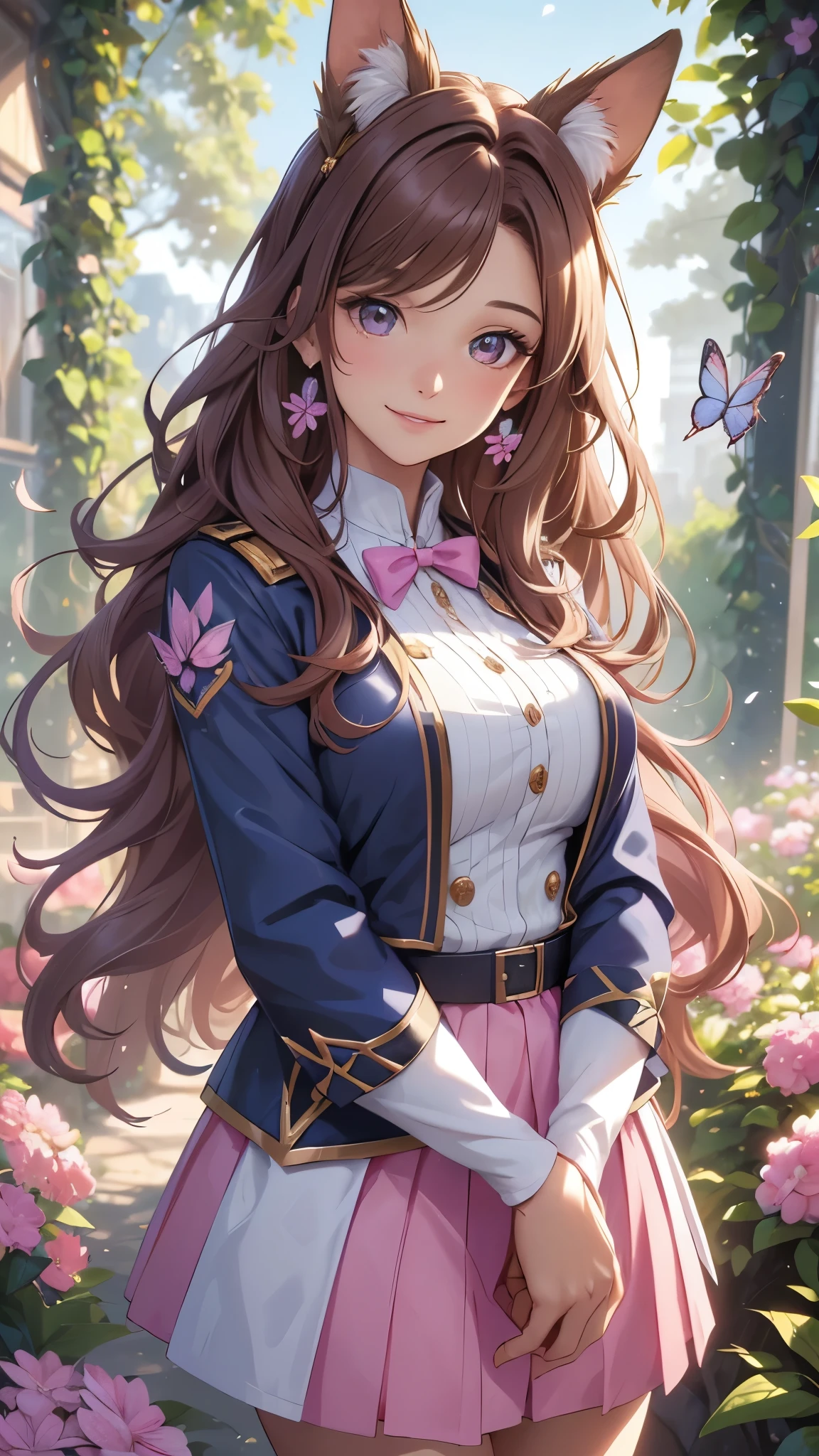 (best quality,4k,8k,highres,masterpiece:1.2),ultra-detailed,(realistic,photorealistic,photo-realistic:1.37),acrylic painting,beautiful Brazilian model in a uniform outfit with downy hair,beautiful Brazilian model with extremely colorful brown hair and detailed facial features,beautiful Brazilian model standing in a beautiful garden sakura flowers, long hair,cat ears, hair bows, uniform blue and pink outfits, smile, happy face,light  brown  hair,butterflies, brown eyes,  mature woman, older woman, 30 year old, adult woman. Older lady