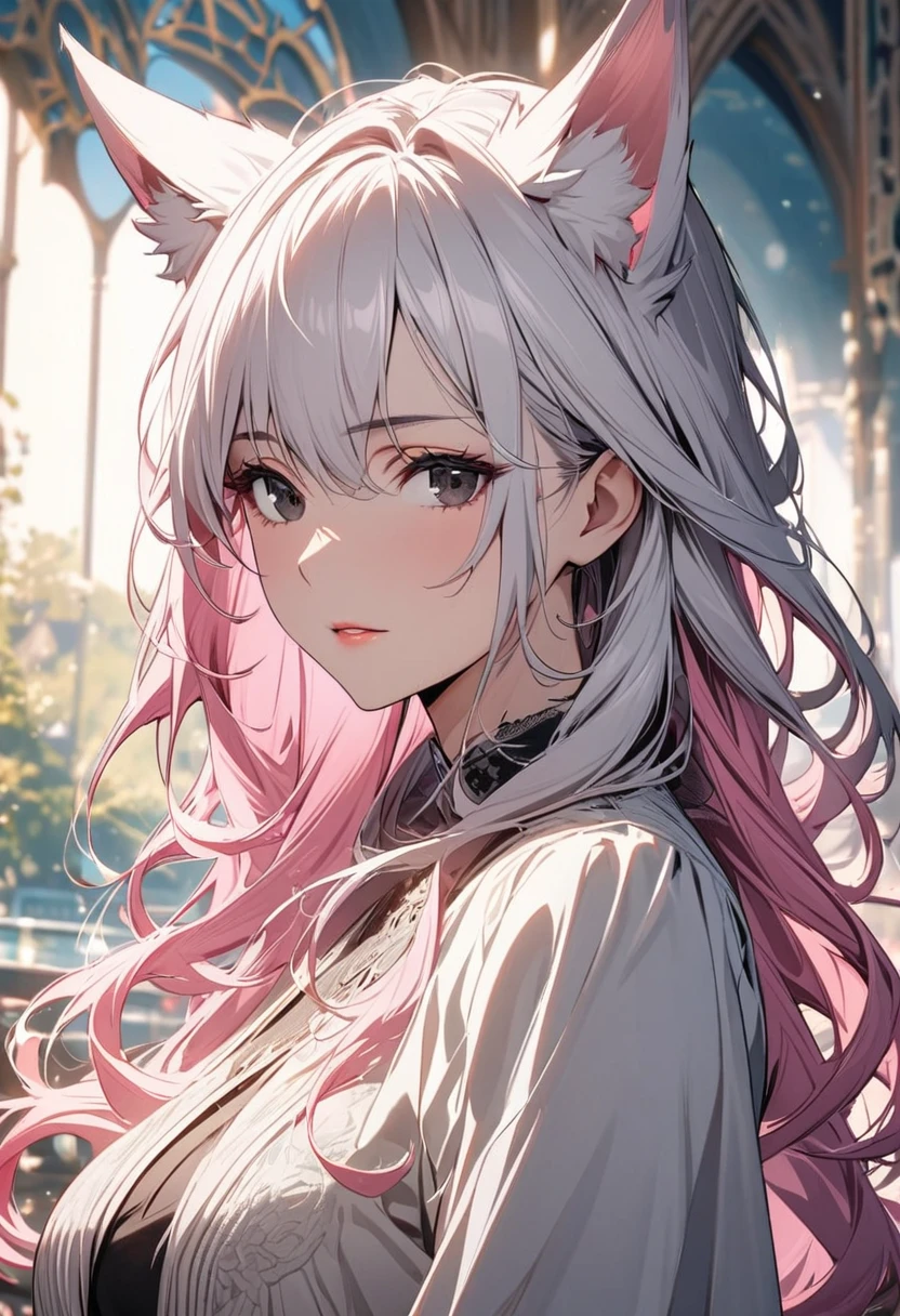 girl, mature, adult, fox ears, white hair, pink hair, long hair, black eyes, beautiful eyes, beautiful color, high detail, beautiful background, peerless