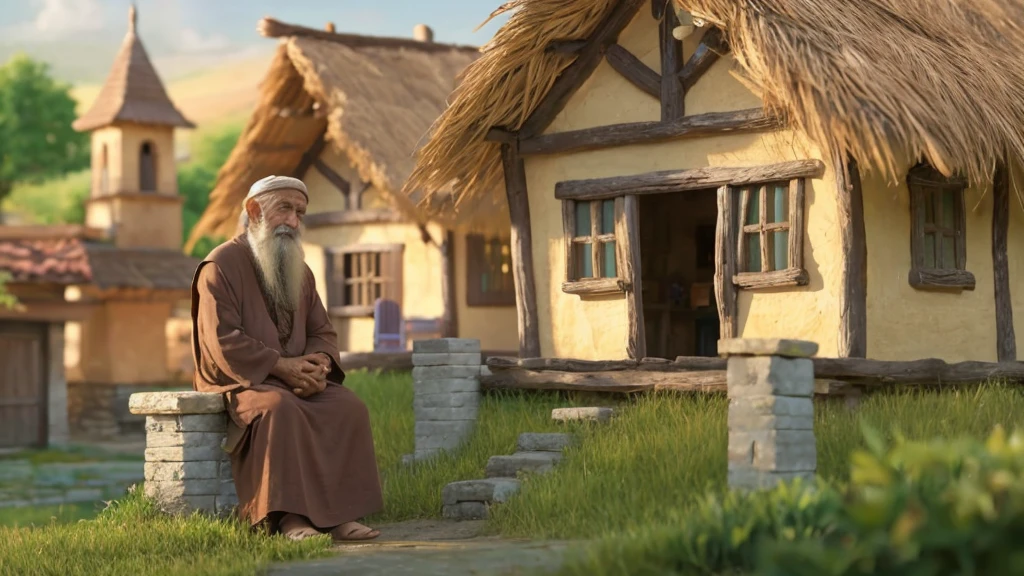 "A wise old man sitting peacefully outside a simple village house, with a serene village backdrop." Hyper realestic ultra HD