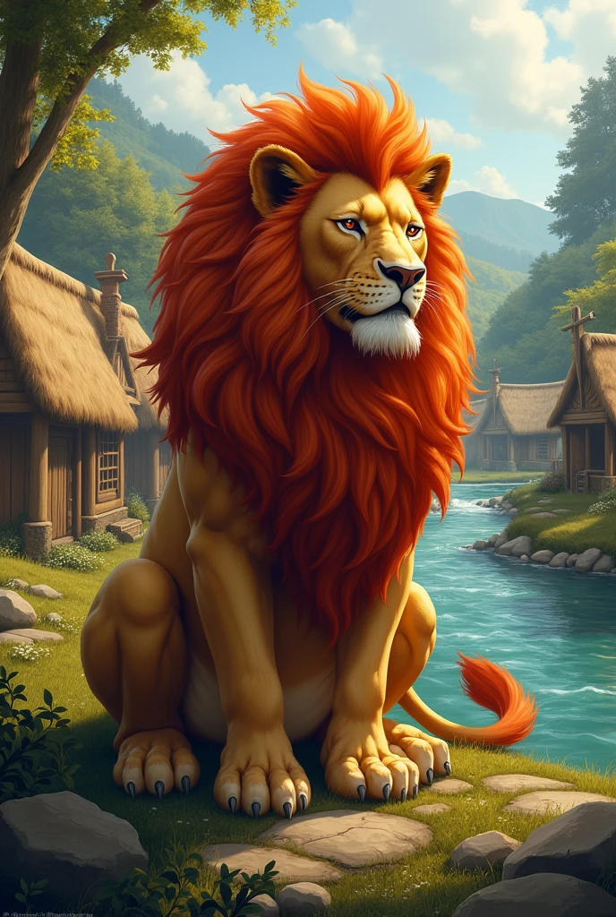 Lion with. Red hair sitting in al village near river