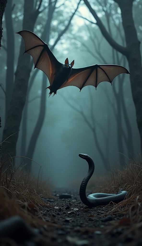 This is a digital image of bats and vipers in the forest.   The bat on the left side of the image flies toward the camera with its head facing the viewer.  And its eyes are focused on something from a distance.  The snake is on the right, facing the camera. The background is full of tall trees and thick leaves, and the ground is  Dry grass and twigs.   The whole feeling of the image is dark and scary, with a sense of danger and danger.