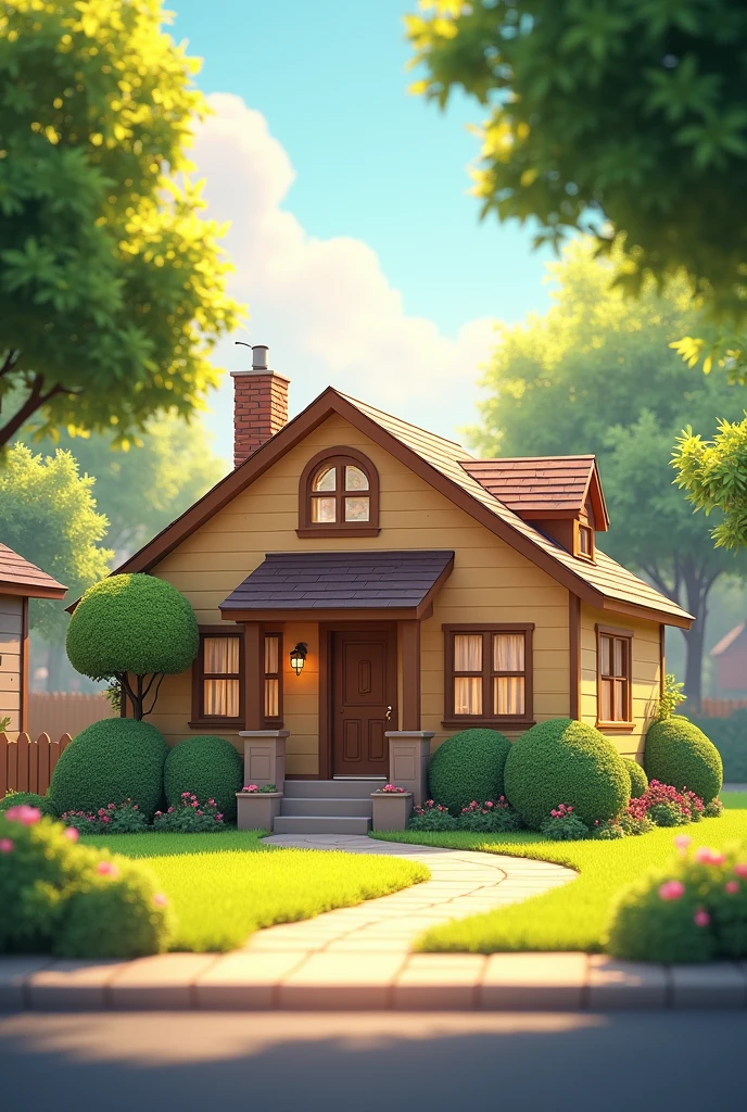 Generate me a small house located in a quiet neighborhood and sunny in the morning