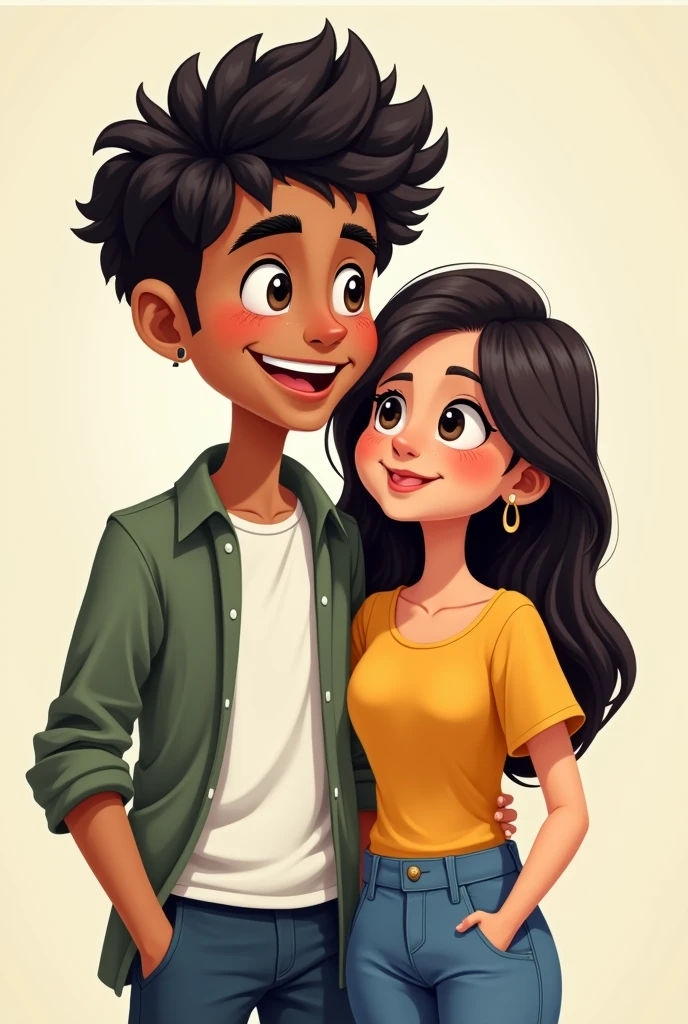 Two young people around , a man and a woman, the man being taller and with very curly hair, both dressed in clothes, and the woman with straight hair. that the whitest male is Latino and the woman is dark-skinned, that the man is without a beard, like in cartoons