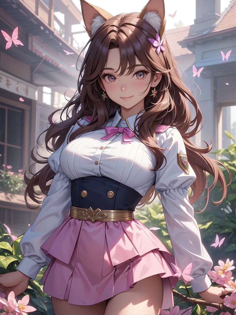 (best quality,4k,8k,highres,masterpiece:1.2),ultra-detailed,(realistic,photorealistic,photo-realistic:1.37),acrylic painting,beautiful Brazilian model in a uniform outfit with downy hair,beautiful Brazilian model with extremely colorful brown hair and detailed facial features,beautiful Brazilian model standing in a beautiful garden sakura flowers, long hair,cat ears, hair bows, uniform blue and pink outfits, smile, happy face,light brown hair,butterflies, brown eyes, mature woman, older woman, 30 year old, adult woman. Older lady