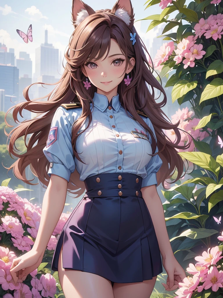 (best quality,4k,8k,highres,masterpiece:1.2),ultra-detailed,(realistic,photorealistic,photo-realistic:1.37),acrylic painting,beautiful Brazilian model in a uniform outfit with downy hair,beautiful Brazilian model with extremely colorful brown hair and detailed facial features,beautiful Brazilian model standing in a beautiful garden sakura flowers, long hair,cat ears, hair bows, uniform blue and pink outfits, smile, happy face,light brown hair,butterflies, brown eyes, mature woman, older woman, 30 year old, adult woman. Older lady